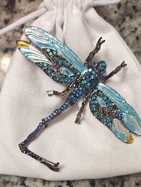 Blue Crystal Dragonfly Brooch with Teal Accents